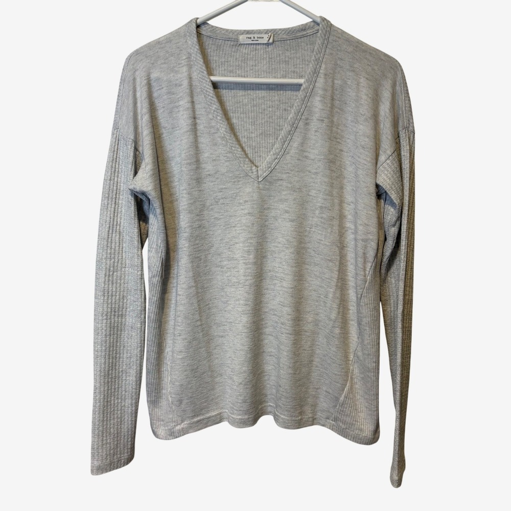 Rag & Bone New York Heather Gray Ribbed V Neck Long Sleeve Casual Top‎ Size S